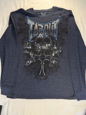 Tapout Skull Graphic Long Sleeve Shirt XXL Gray MMA Y2K Streetwear Waffle Knit